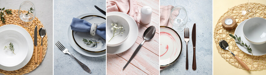 Collage of beautiful table settings with white dishes
