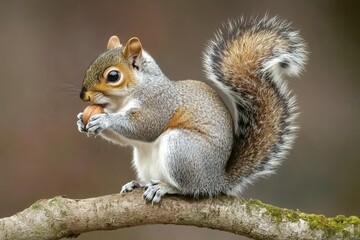 Obraz premium Gray Squirrel Eating Nut On Branch with Keywords Squirrel,Gray