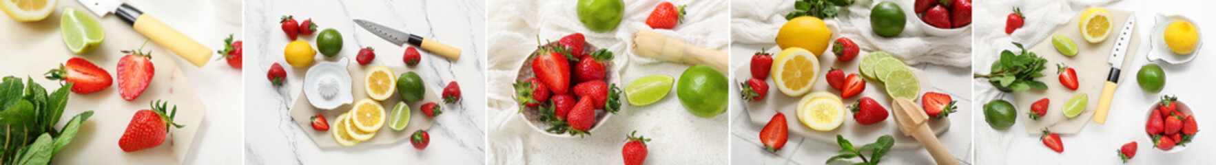 Collage of many strawberries, lemons, limes and mint on light background