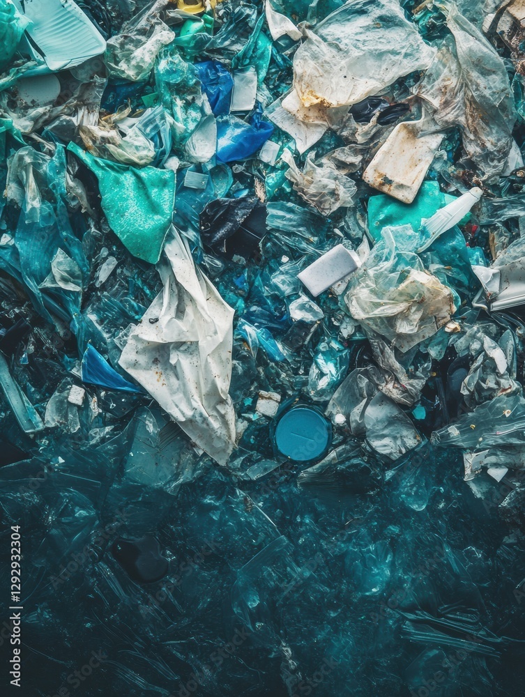Poster close up view of plastic fragments amid ocean waves highlighting marine pollution and its environmen