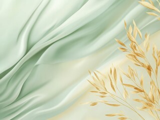 Abstract textile artwork and Floral Arrangement: A serene visual of flowing fabric interwoven with wheat or grass with soft textures in pastel and earthy tones.