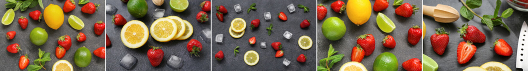 Collage of many strawberries, ice, lemons, limes and mint on dark background