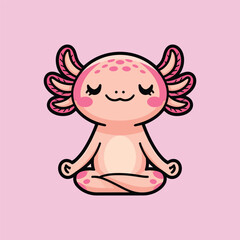 A cute, pastel pink axolotl sitting in a peaceful meditation pose with its legs crossed and hands