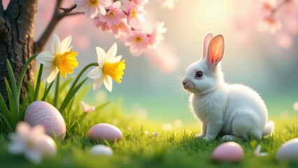 Fototapeta premium A fluffy white bunny sits amidst springtime blooms and pastel-colored eggs, a delightful scene of seasonal joy and vibrant nature