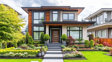 Fototapeta premium A modern home with a striking front door, complemented by a front garden with symmetrical flower beds and potted plants, creating a welcoming atmosphere.