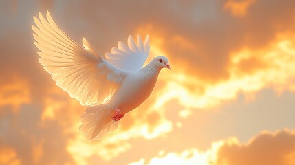 A powerful symbol of love and peace, featuring a white dove ascending against a backdrop of soft, glowing light and serene skies