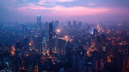 Fototapeta premium Cityscape twilight aerial view, hazy sunset, urban sprawl, night lights, design