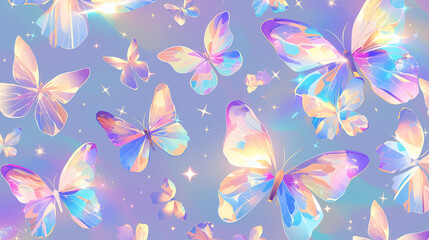 Fototapeta premium seamless background with butterflies, seamless pattern of holographic butterflies, cute butterflies, spring wallpaper, illustration of butterflies