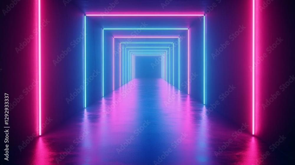 Aufkleber Futuristic corridor with neon lights in pink and blue creating a tunnel effect, abstract perspective. High-tech design and immersive art concept