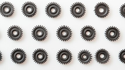 Black gears arranged in rows on a white background.