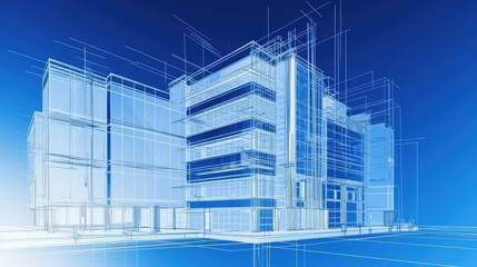 Detailed digital sketch design of a modern building showcasing structural elements and architectural features in a blue digital landscape