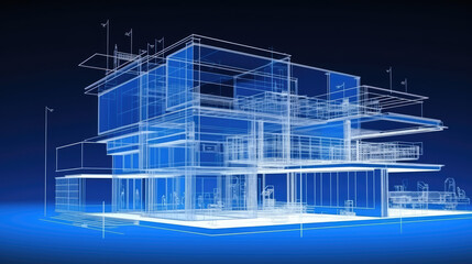 Detailed digital sketch design of a modern building showcasing structural elements and architectural features in a blue digital landscape