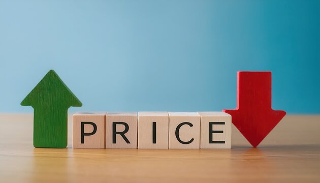 Symbols of price fluctuation displayed with blocks and arrows on a wooden table.