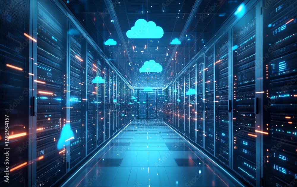 Poster a conceptual image of advanced cloud services, featuring floating server racks, glowing data streams