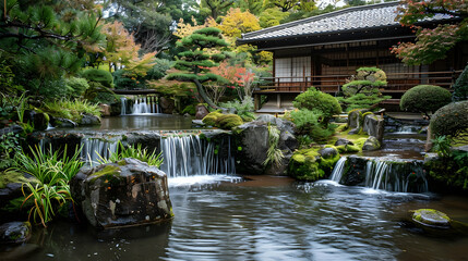Fototapeta premium Tranquil Japanese Garden with Waterfall and Traditional Architecture Displaying Beauty