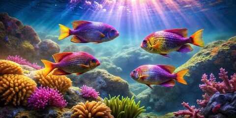 Naklejka premium Vibrant Reef Fish Swimming in Sunlit Coral Garden Depicting Underwater Serenity and Colorful Marine Life