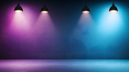 A textured wall is illuminated by three hanging pendant lights, casting purple and blue light onto a blank floor.