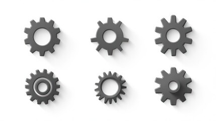 Six grey gear icons with drop shadows.
