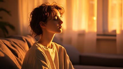 Contemplative moment cozy living room portrait warm lighting side view inner reflection