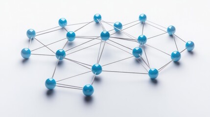 Abstract network of interconnected light blue spheres connected by thin light gray threads on a white background.