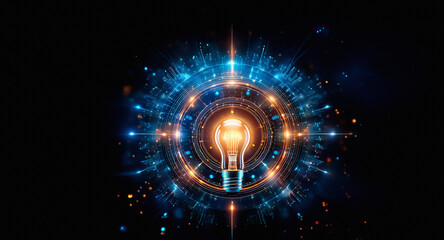 A glowing lightbulb is encircled by vibrant blue and orange energy rings and particles against a dark backdrop, radiating illumination and innovation.