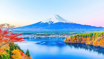 A stunning view of Mount Fuji overlooking a serene lake, surrounded by vibrant autumn foliage under a soft pastel sky.