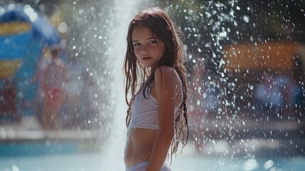 Obraz premium Girl, fountain, park, summer, water, playful, sunlight, family, fun, splash