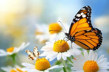 Obraz premium A meadow filled with wildflowers, with a variety of colorful butterflies fluttering gracefully in the air