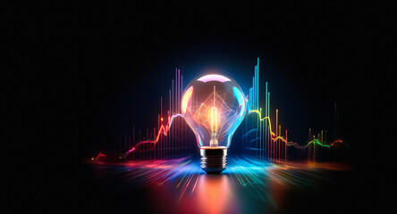A luminous lightbulb casts a vibrant glow, highlighting abstract, colorful graph lines against a stark black background, symbolizing innovative data insights.