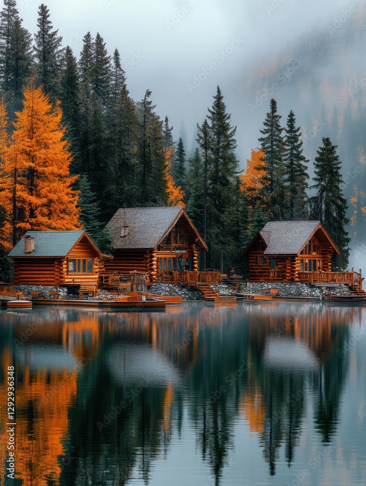 Leinwandbilder Rustic cabins surrounded by autumn trees reflecting on a tranquil lake in a mountainous region. Generative AI