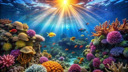 Obraz premium Vibrant Underwater Scene Showcasing a Thriving Coral Reef Ecosystem with Diverse Marine Life Illuminated by Sunbeams Penetrating the Ocean Surface