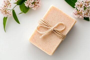 A minimalist depiction of a soap bar wrapped in kraft paper and tied with a string bow, set against a plain white backdrop
