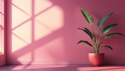 Pink room interior with plant, sunlight, and shadows