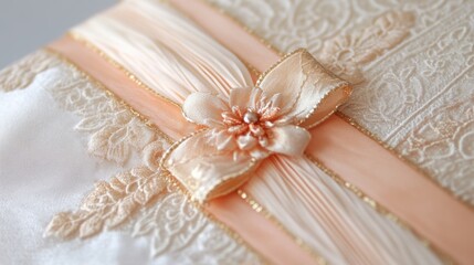 Elegant Ribbon Embellishment: A close-up shot captures the intricate details of an elegant ribbon embellishment with a delicate bow and floral accents, set against a backdrop of textured fabric.