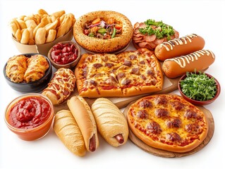 A Delicious Spread of Pizza, Hot Dogs, and Other Fast Food Favorites