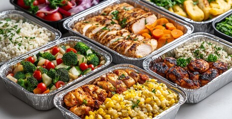 Assortment of Delicious and Healthy Meal Prep Dishes in Aluminum Containers