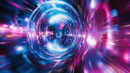 Obraz premium Futuristic sphere speeding through neon city, light trails