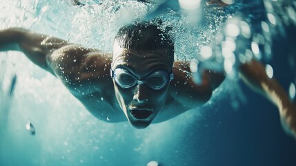 Fototapeta premium Underwater swimmer, pool, bubbles, sunlight, fitness, competition, training, action shot, health