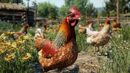 Fototapeta premium Hen foraging rural farm wildflowers coop background