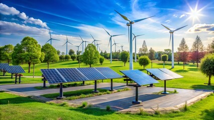 Naklejka premium Sustainable Energy Park Solar Panels and Wind Turbines Harmoniously Integrated into a Lush Green Landscape