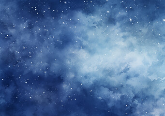 Fototapeta premium The artwork showcases a tranquil night sky with varying shades of blue and white. Stars twinkle gently among the fluffy clouds, creating a peaceful and dreamy atmosphere