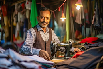 Small entrepreneur seamstress working diligently in a vibrant workshop filled with colorful fabrics