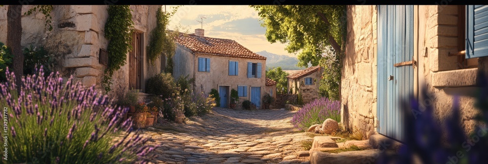 Poster Charming cobblestone path through lavender fields in a quaint village during sunset. Generative AI