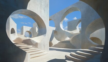 Exploring a confusing maze of stairs in a mirror wonderland abstract architecture bright sky surreal environment