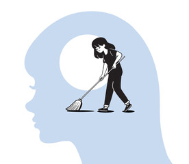 Minimalist illustration of a woman’s head silhouette with a girl inside sweeping the floor. The image symbolizes clearing the mind, self-care, personal growth, mental clarity, and emotional well-being