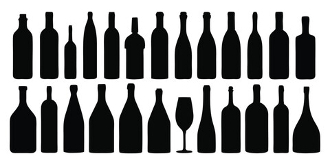 Black silhouette set of wine bottles icon vactor