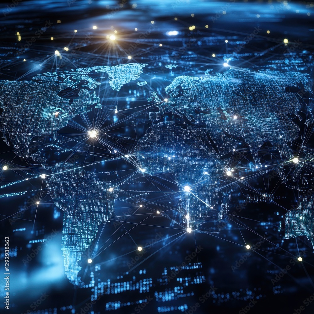 Poster digital network map of the world with global connections and data visualization abstract design
