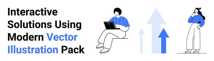 Man working on laptop, woman analyzing trends, upward arrows representing growth. Ideal for teamwork, business, technology, innovation, analysis education marketing. Perfect flat landing page