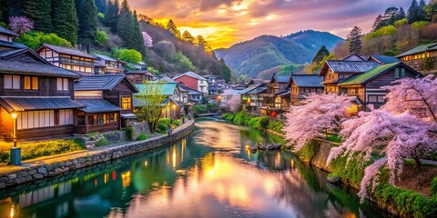 Fototapeta premium Anime Style Village Beside Serene River: Charming Houses & Lush Greenery
