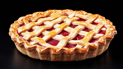 Freshly baked berry pie with a golden lattice crust placed on a dark background.